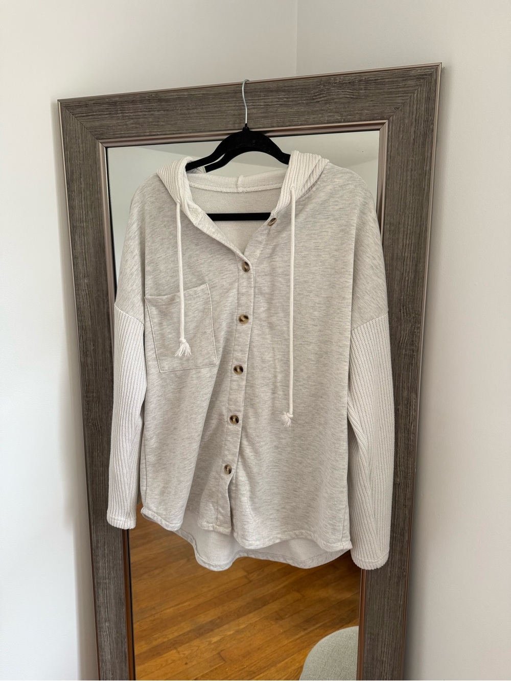 Light Grey Hooded Button-Up Knit Top Shacket